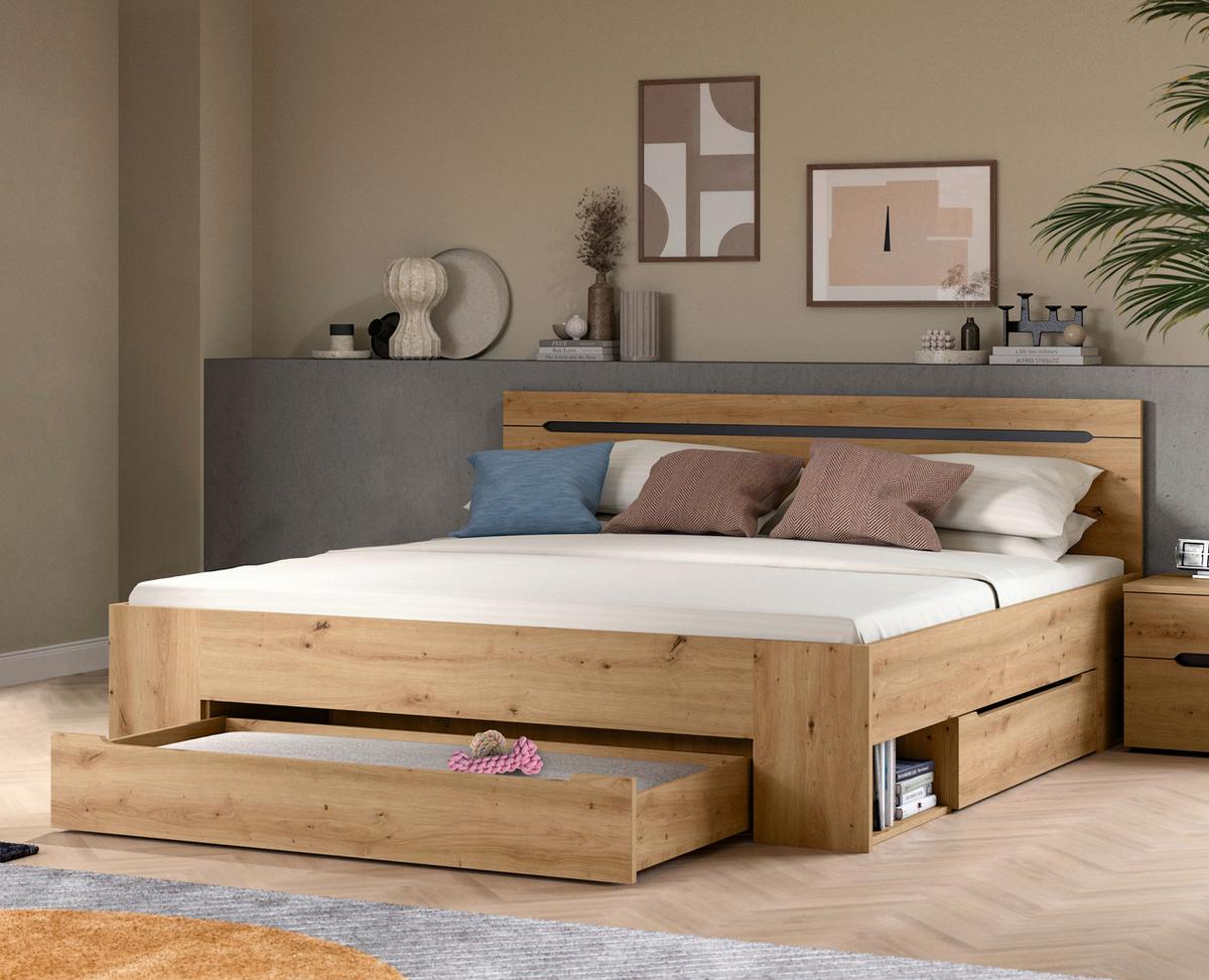 Bett CANU Eiche Artisan ca. 180x200 cm mit Stauraum - Eiche Artisan/Grau, MODERN, Holzwerkstoff (180/200cm) - MID.YOU