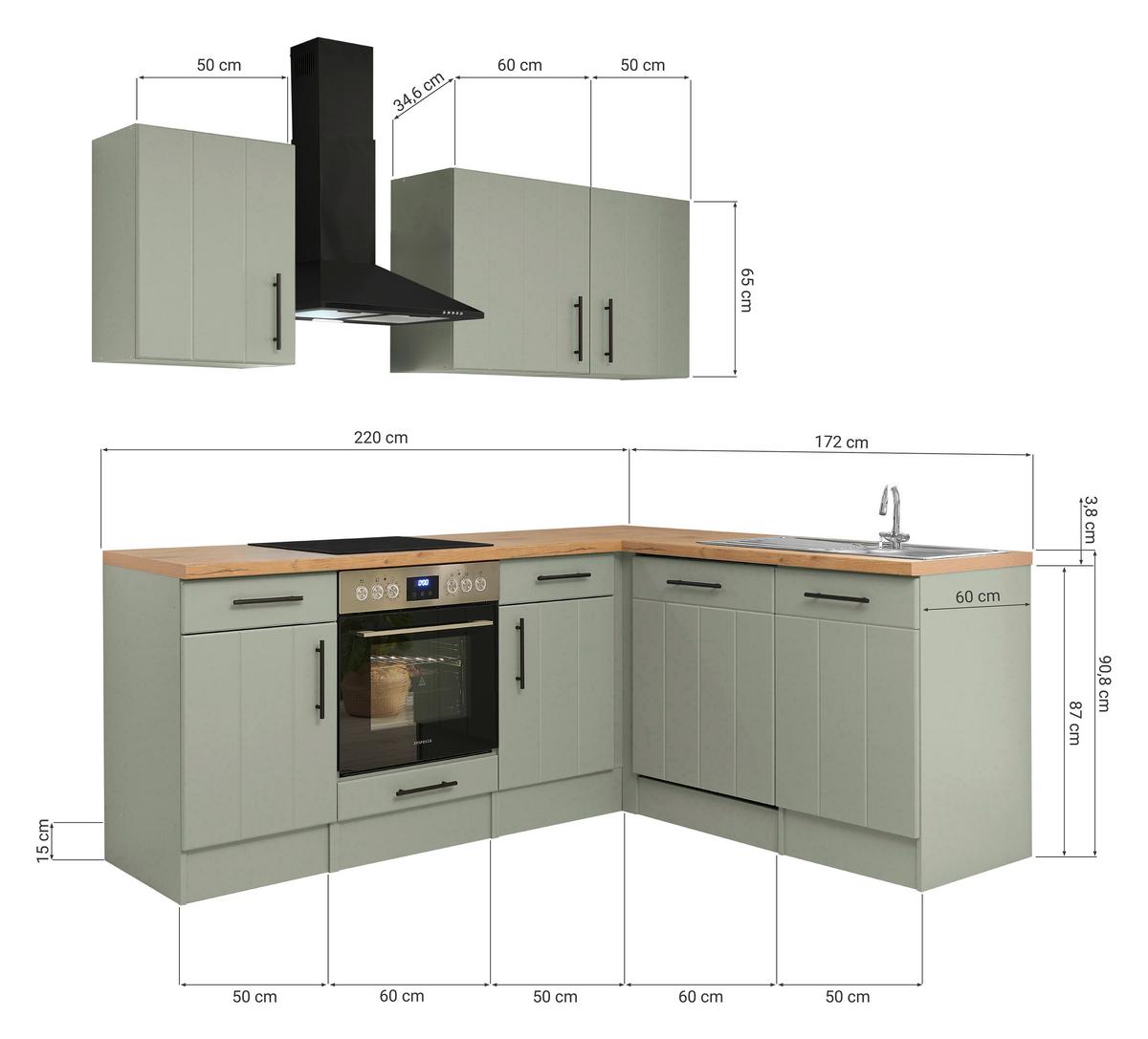 Eckküche Anton m. Geräte ca. 220x172cm Eiche/Schilfgrün - Schilfgrün/Wildeiche, Trend, Holzwerkstoff/Metall (220/172cm) - Respekta