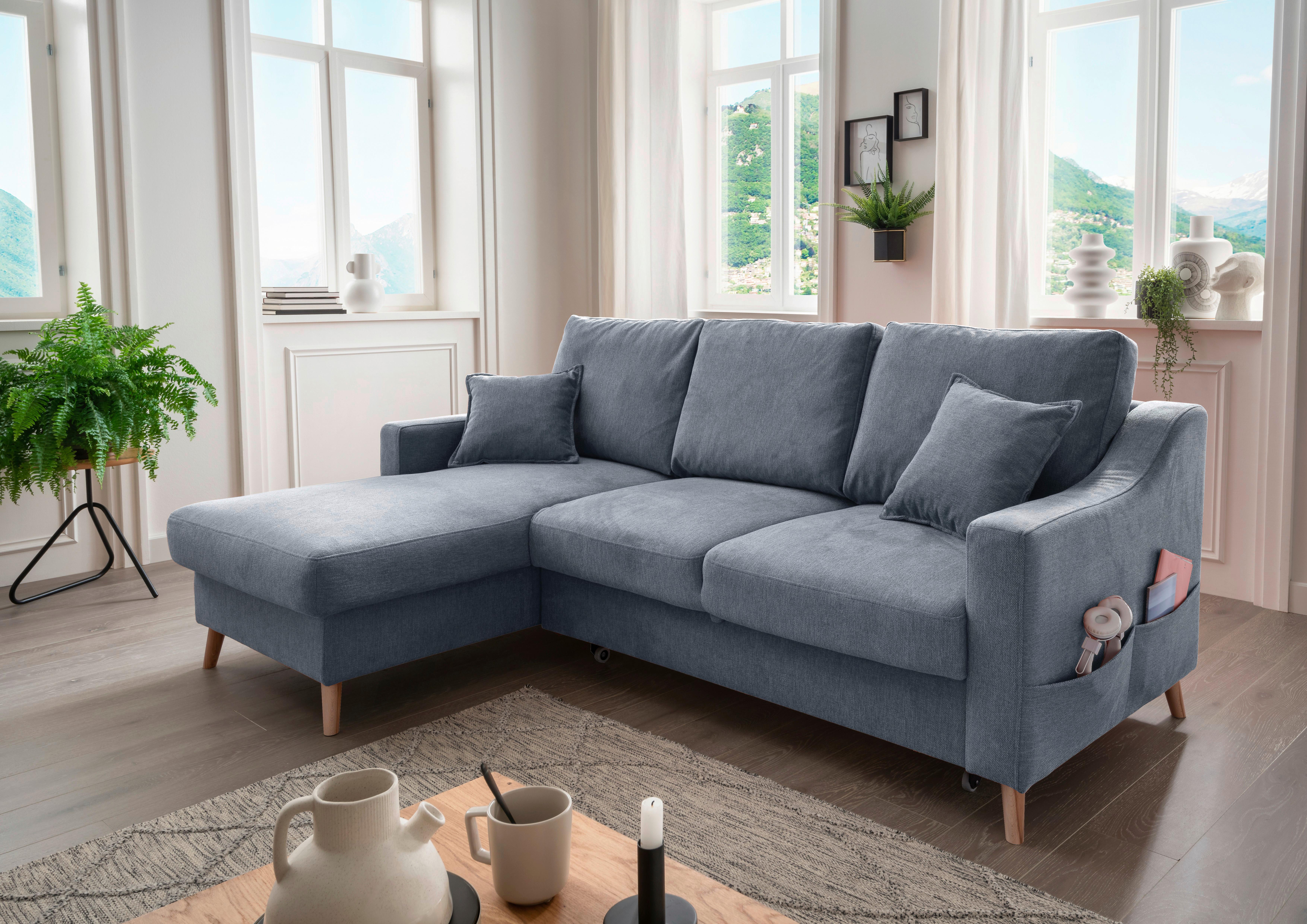 Wohnlandschaft Valentina Blau Struktur - Blau/Naturfarben, KONVENTIONELL, Holz/Textil (150/228cm) - P & B