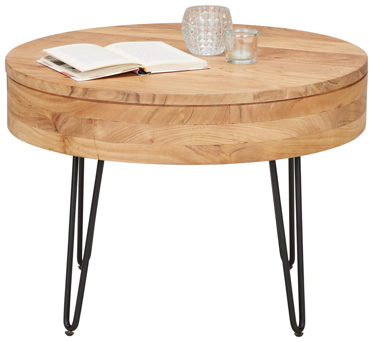 Dohányzóasztal Kerek Akácfa Stan - akáciaszínű/fekete, Lifestyle, fa/fém (70/70/50cm) - Zandiara