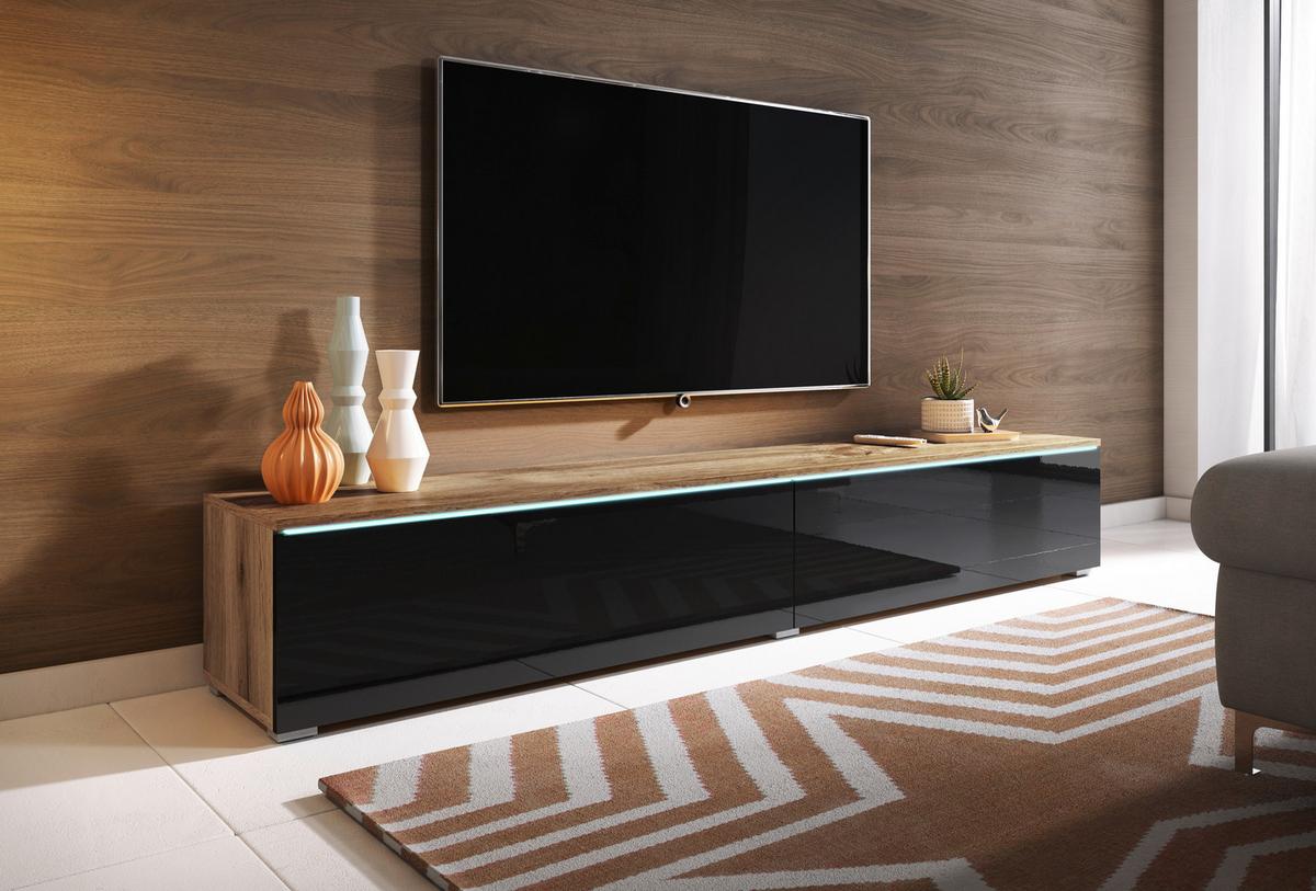 Lowboard ca. 180x30 cm mit LED Eiche Wotan/Schwarz - Schwarz Hochglanz/Eiche Wotan, LIFESTYLE, Holzwerkstoff/Kunststoff (180/30/33cm) - P & B