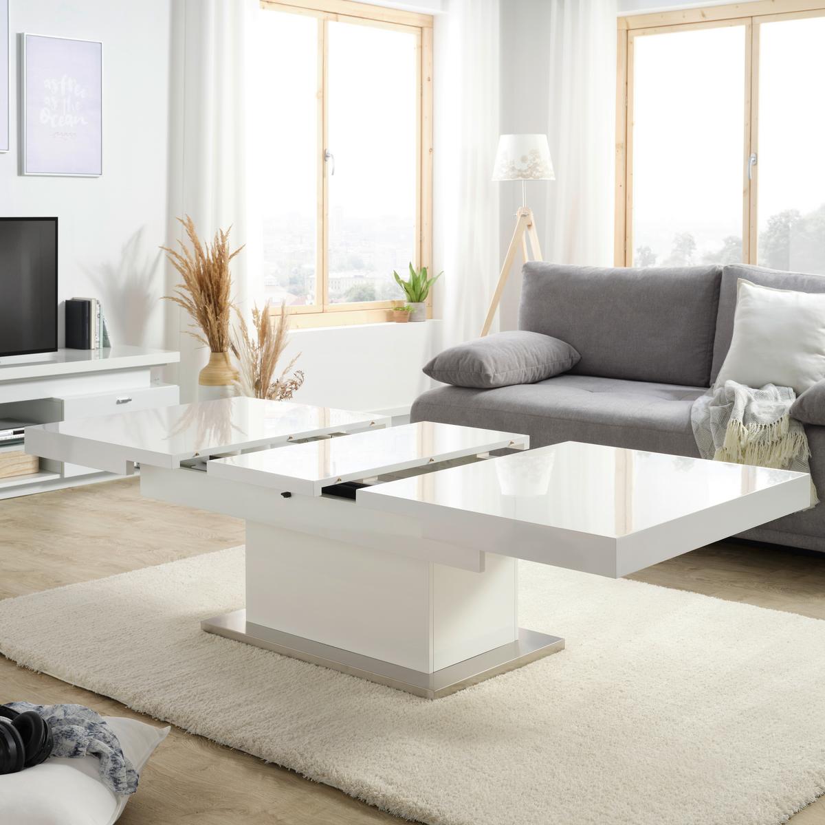 Couchtisch 2in1 in Weiß ca. 133-170x51-77x80cm - Edelstahlfarben/Weiß, MODERN, Holzwerkstoff/Metall (133-170/80/51-77cm) - Based