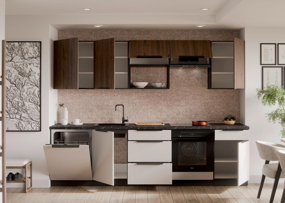 Bucatarie fara electrocasnice ARONA/MONZA - cașmir/culoare lemn de nuc, Modern, metal/material pe bază de lemn (280/210/60cm) - Modern Living