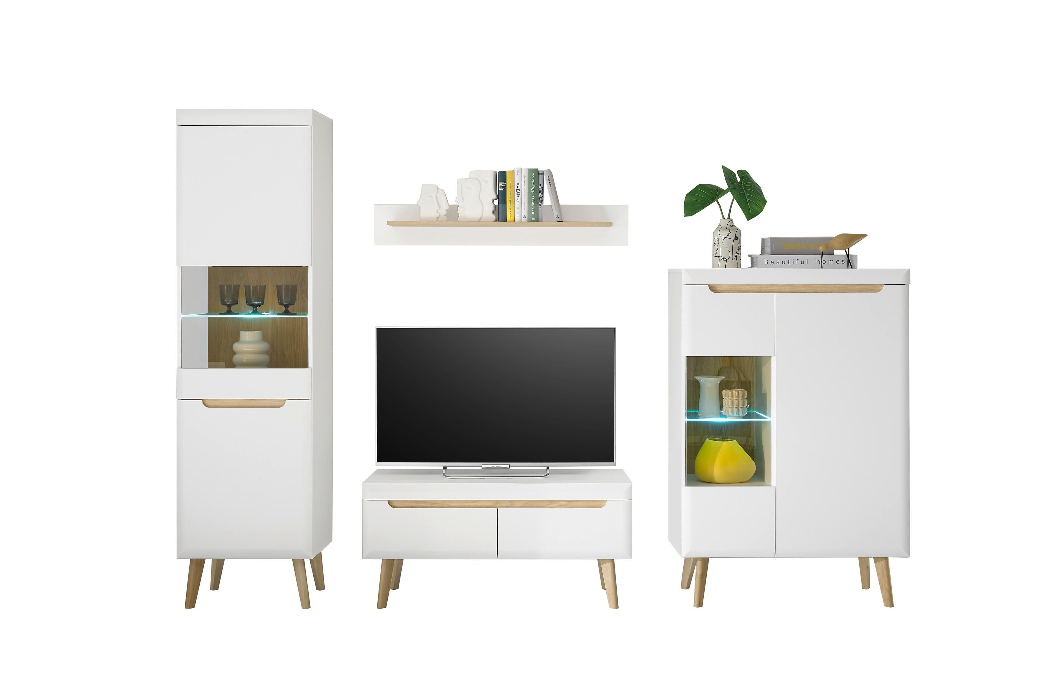 Wohnwand Svante Torge Weiß/Eichefarben B: 290cm - Eichefarben/Weiß, Design, Glas/Holzwerkstoff (290/197/40cm) - MID.YOU