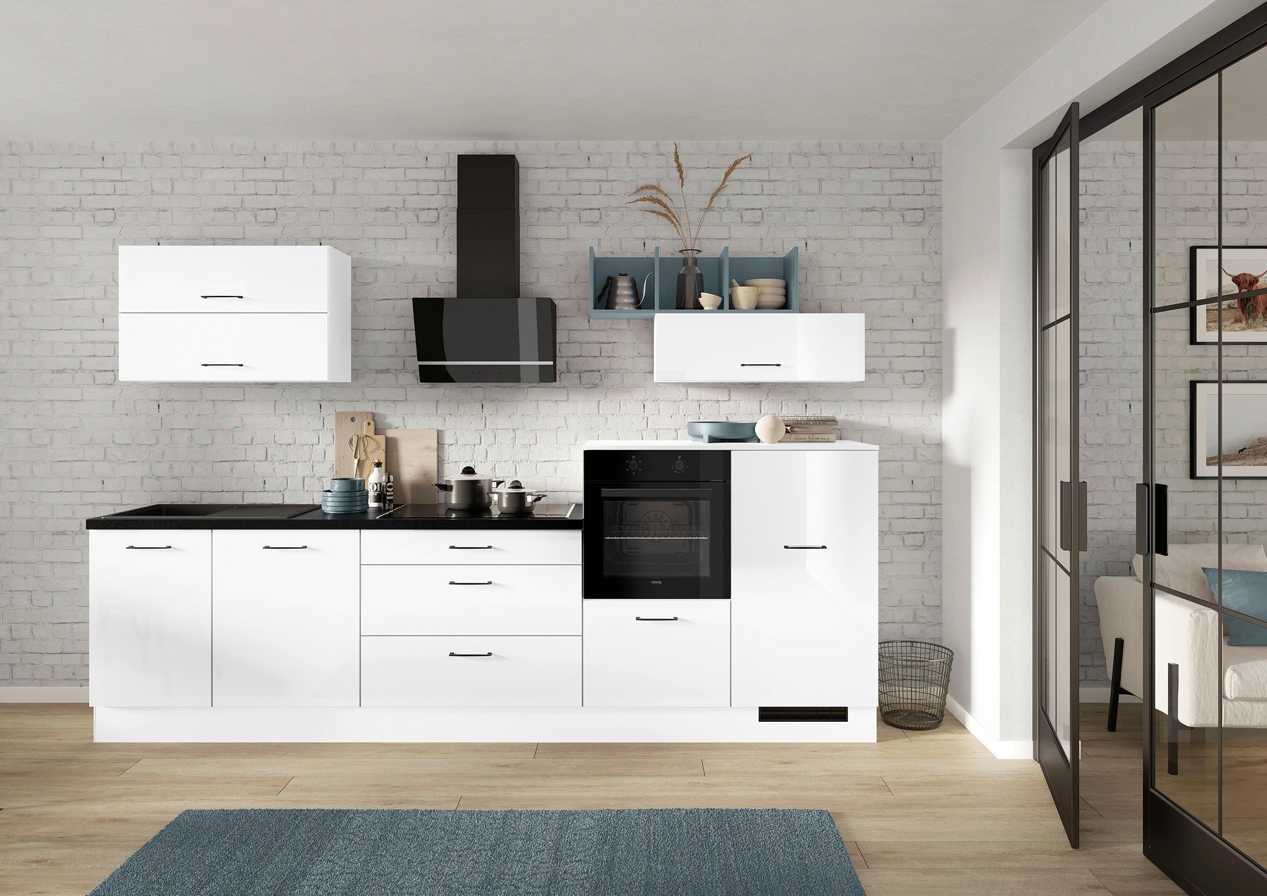 Küchenblock IBZ ohne Geräte ca. 320 cm Weiß Hochglanz - Weiß Hochglanz/Schwarz, Design, Holzwerkstoff/Metall (320cm) - Impuls