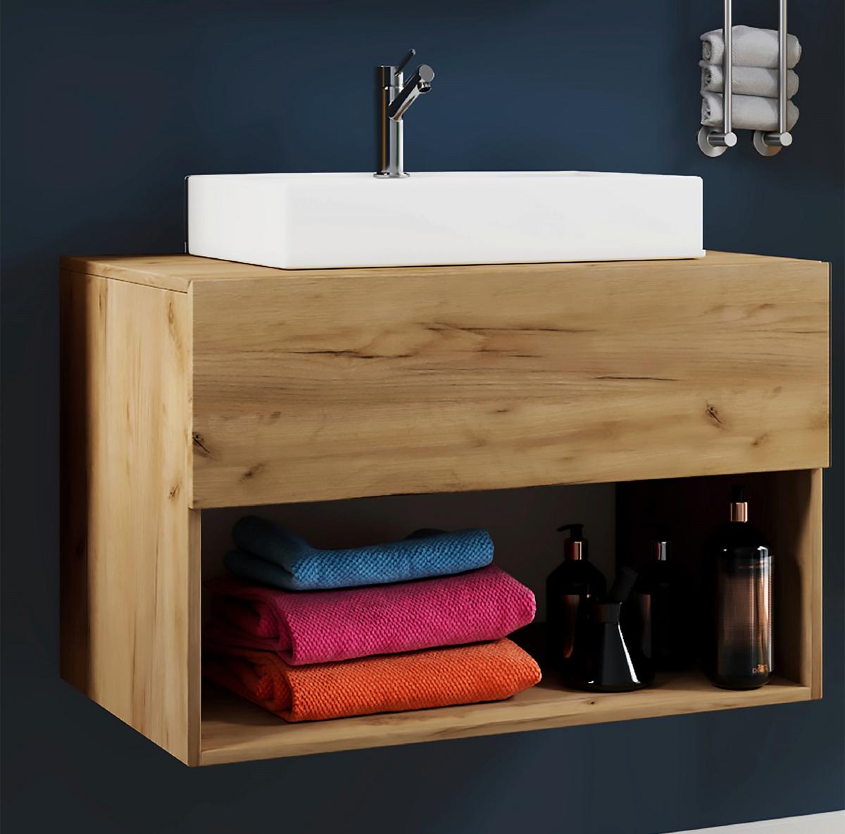 Kombiniran Umivalnik Lendas, Hrast - bela/medeni hrast, Moderno, leseni material/keramika (80cm) - MID.YOU