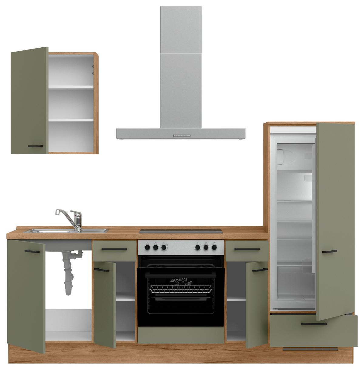 Küchenleerblock Senso Low o. Geräte Olivgrün - Eichefarben/Schwarz, MODERN, Holzwerkstoff/Metall (240cm) - Nobilia