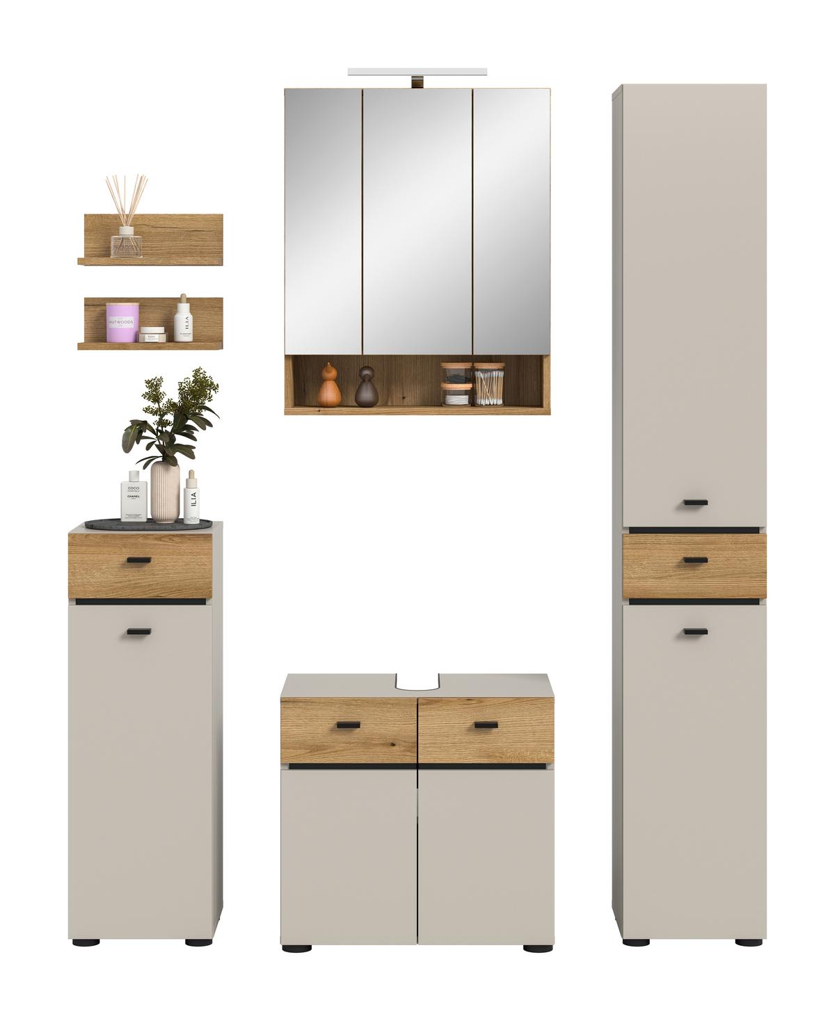 Badezimmer Aqua Eichefarben/Kaschmir 5-teilig - Kaschmir/Eichefarben, Trend, Glas/Holzwerkstoff (124cm) - MID.YOU