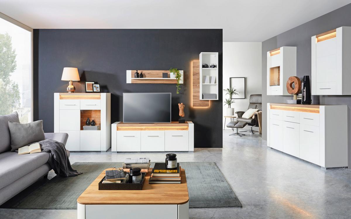 Poliţă de perete Leonardo - alb/culoare lemn stejar, Modern, material pe bază de lemn (120/28/24cm) - Modern Living