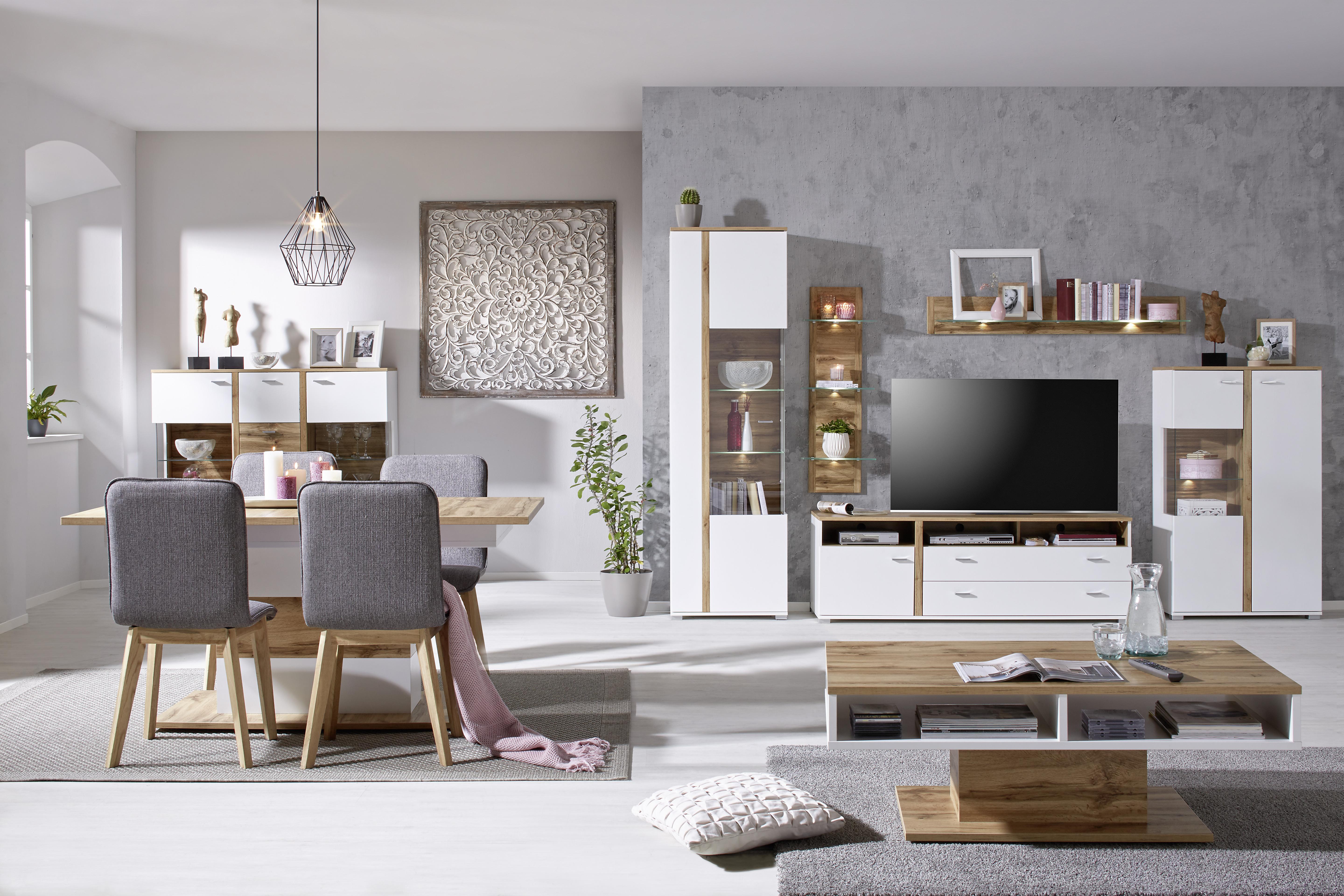Highboard in Eichefarben - Chromfarben/Eichefarben, MODERN, Holzwerkstoff/Metall (143/131/37cm) - Modern Living