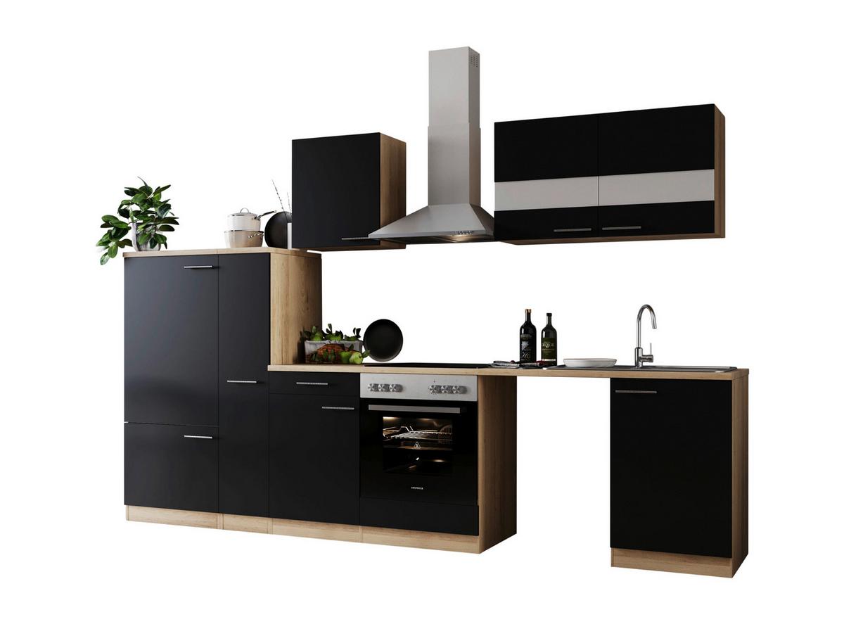 Küchenblock Merle m. Geräten Schwarz - Edelstahlfarben/Eichefarben, Basics, Glas/Holzwerkstoff (310cm) - Respekta