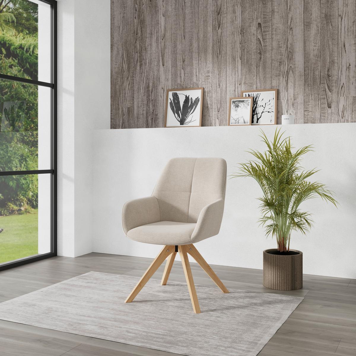 Naslanjač Woody, Bež, Vrtljiv - bež/naravne barve, Trend, tekstil/les (64/83/61cm)