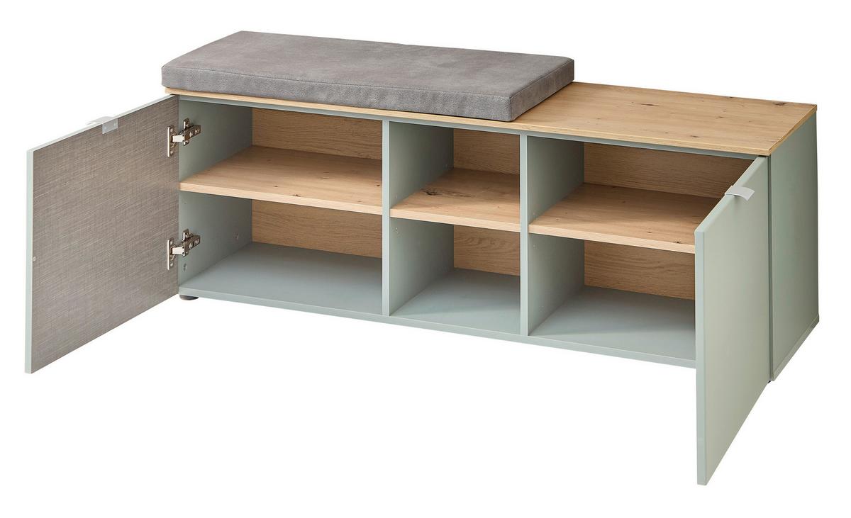 Garderobenbank Bari Eiche Artisan/schilfgrün - Schilfgrün/Silberfarben, Modern, Holzwerkstoff/Metall (128/50/38cm)