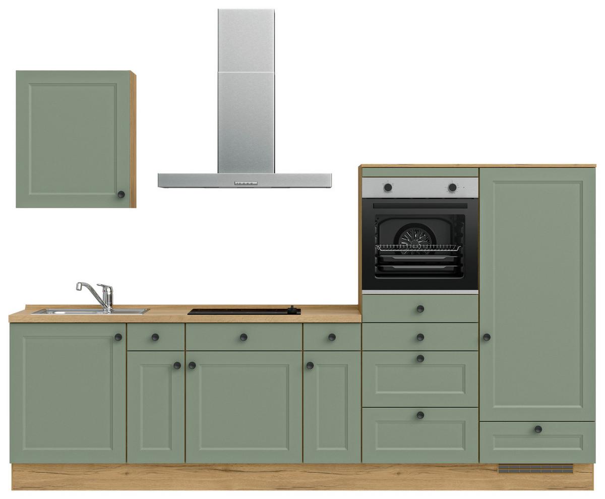 Küchenblock Cascada Low m. Geräten Schilfgrün - Schilfgrün/Eichefarben, MODERN, Holzwerkstoff/Metall (300cm) - Nobilia