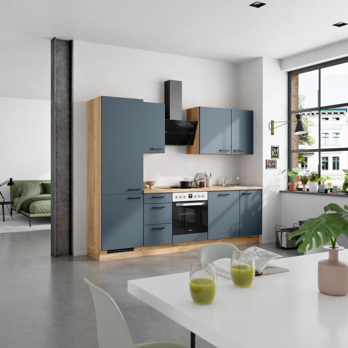 Küchenblock Easytouch High m. Geräten Dunkelblau - Eichefarben/Schwarz, MODERN, Holzwerkstoff/Metall (270cm) - Nobilia