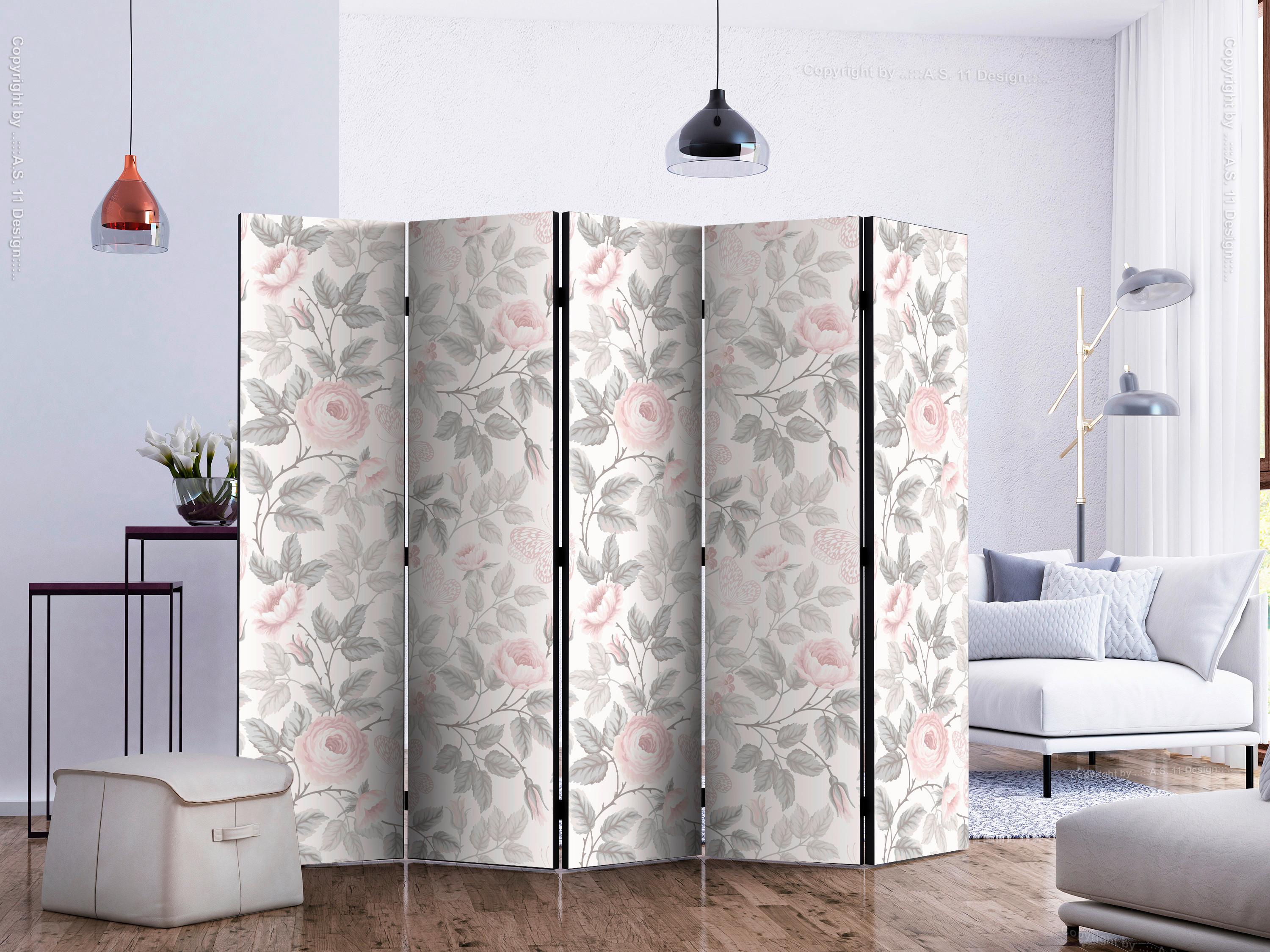 Paravan Roses I, 5-Delni, Dvostranski - pink/svetlo siva, Basics, tekstil/les (225/172/3cm) - artgeist