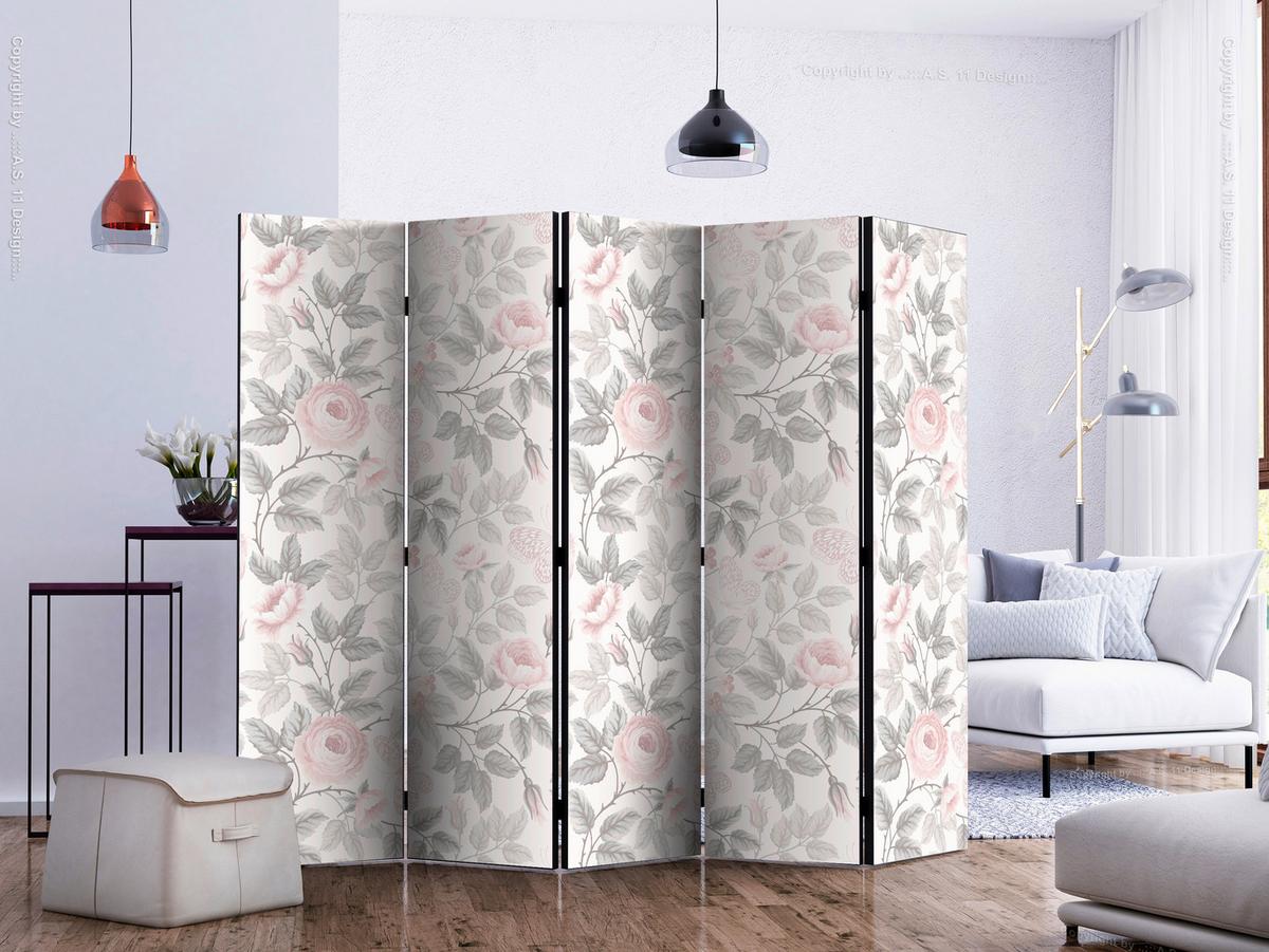 Paravan Roses I, 5-Delni, Dvostranski - pink/svetlo siva, Basics, tekstil/les (225/172/3cm) - artgeist