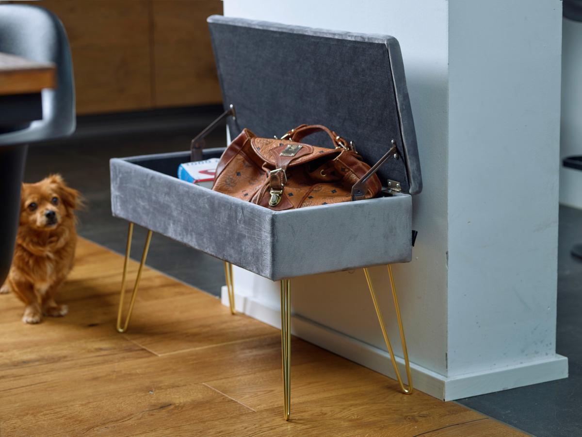 Hockerbank Scarlett Vlies Grau H: 42 cm inkl. Stauraum - Goldfarben/Grau, Design, Textil/Metall (75/42/30cm) - Echtwerk