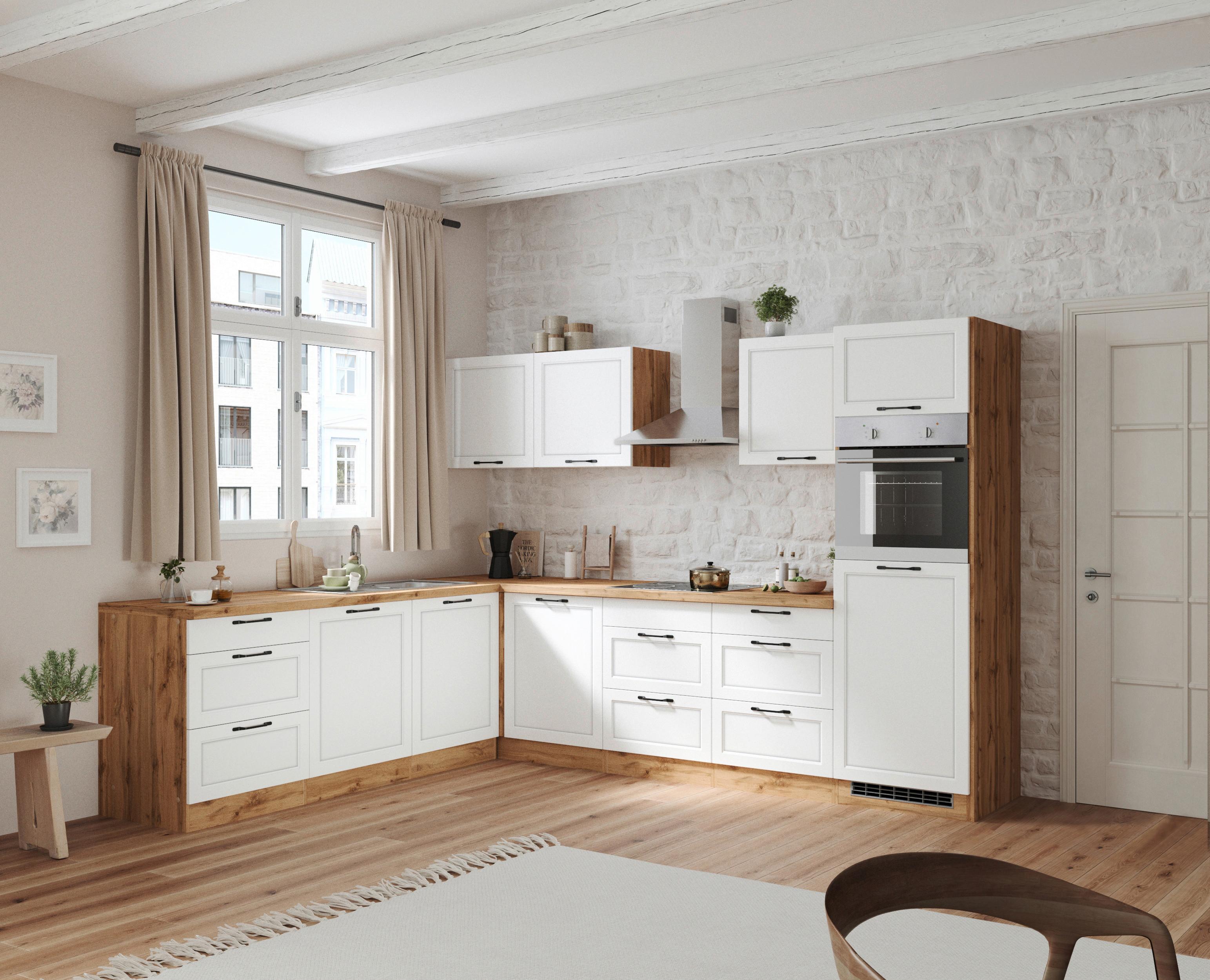 Eckküche Meran ohen Geräte ca. 240x300cm Weiß/Eiche Dekor - Eiche Wotan/Schwarz, LIFESTYLE, Holzwerkstoff/Metall (240/300cm) - Held