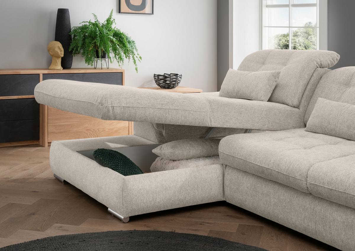 Ecksofa Rigatti Beige Chenille m. Bettkasten - Chromfarben/Beige, MODERN, Textil/Metall (184/314cm) - Livetastic