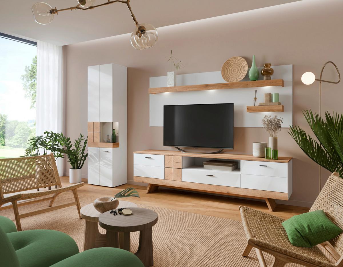 VITRINĂ ORETA - alb/culoare lemn stejar, Modern, sticlă/material pe bază de lemn (54,7/200/36,6cm) - Modern Living