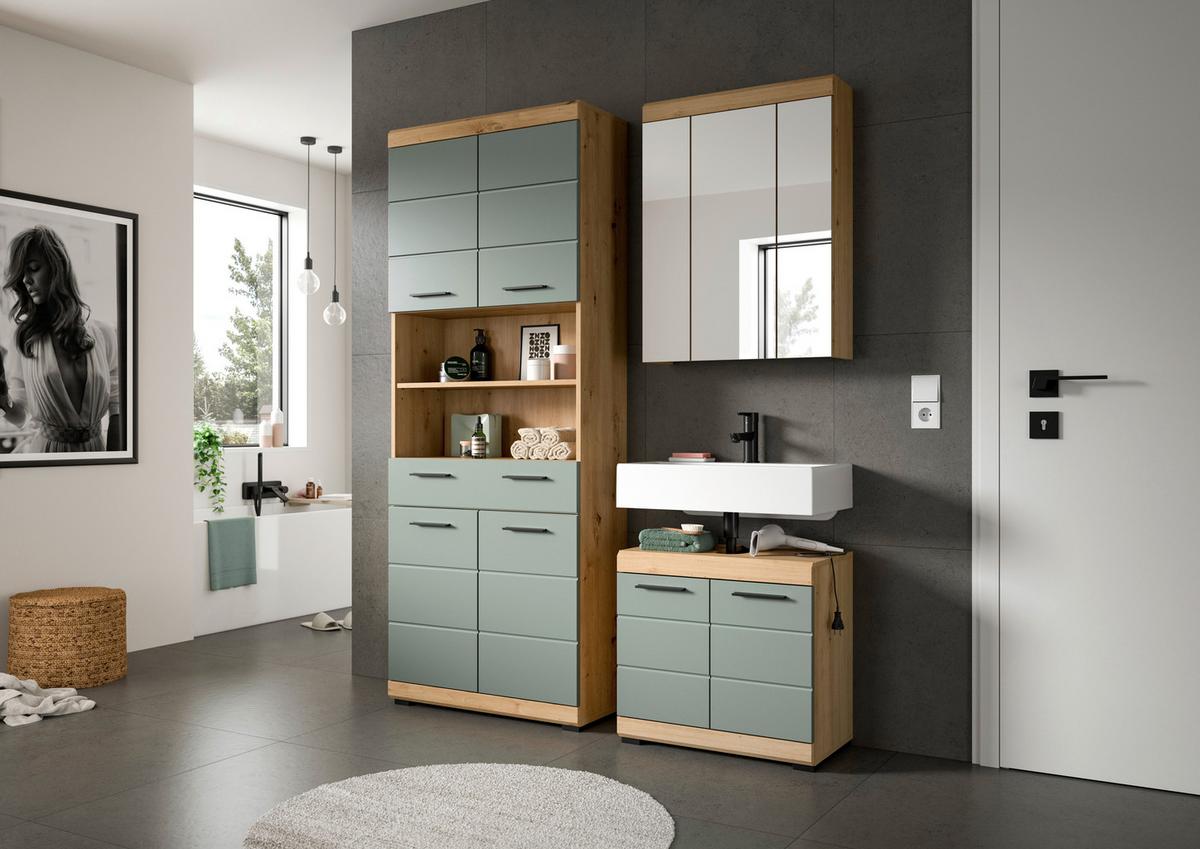 Badezimmer Scout 3-tlg. ca. 134 cm Salbeigrün - Schwarz, MODERN, Holzwerkstoff/Kunststoff (134cm) - MID.YOU