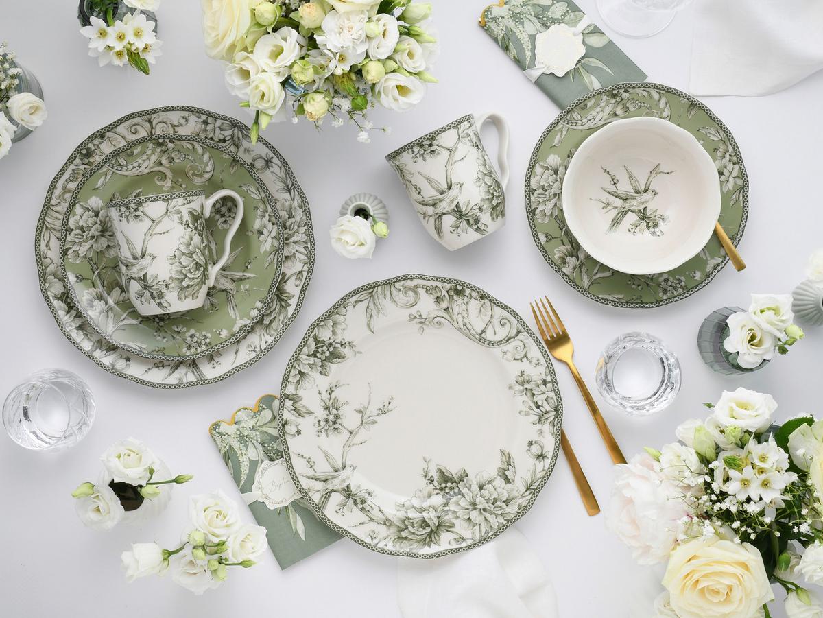 Serviciu de masă Adelaide 16/1 - alb/verde, Basics, ceramică - Creatable