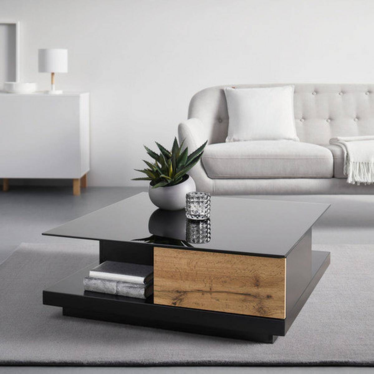 Măsuță de cafea NEVIO - culoare lemn stejar/negru, Modern, sticlă (85/85/30cm) - Bessagi Home