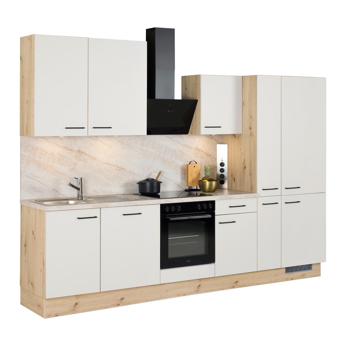 Küchenblock IP1200 o. Geräte Weiß/Eiche - Eichefarben/Schwarz, MODERN, Holzwerkstoff/Metall (310cm) - Impuls