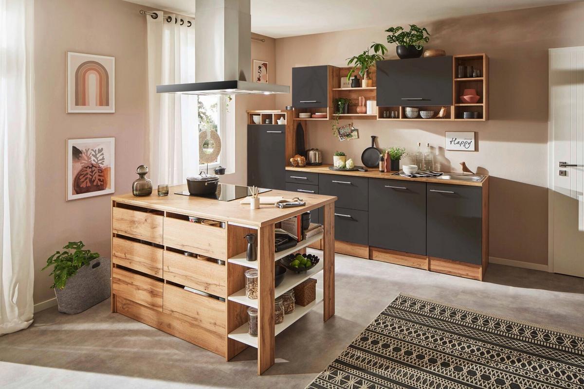 Küchenblock Hilde m. Insel m. Geräten ca.280cm Eiche/Grau - Wildeiche/Alufarben, Design, Holzwerkstoff/Metall (280-150cm) - Respekta