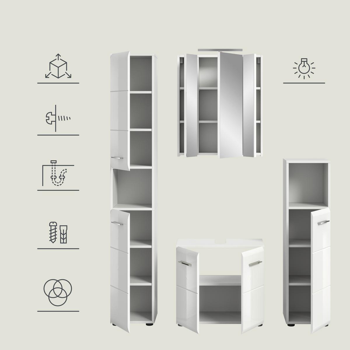 Badezimmer Ice 4-tlg. ca. 120 cm Weiß - Weiß Hochglanz/Silberfarben, MODERN, Holzwerkstoff/Kunststoff (120cm) - MID.YOU