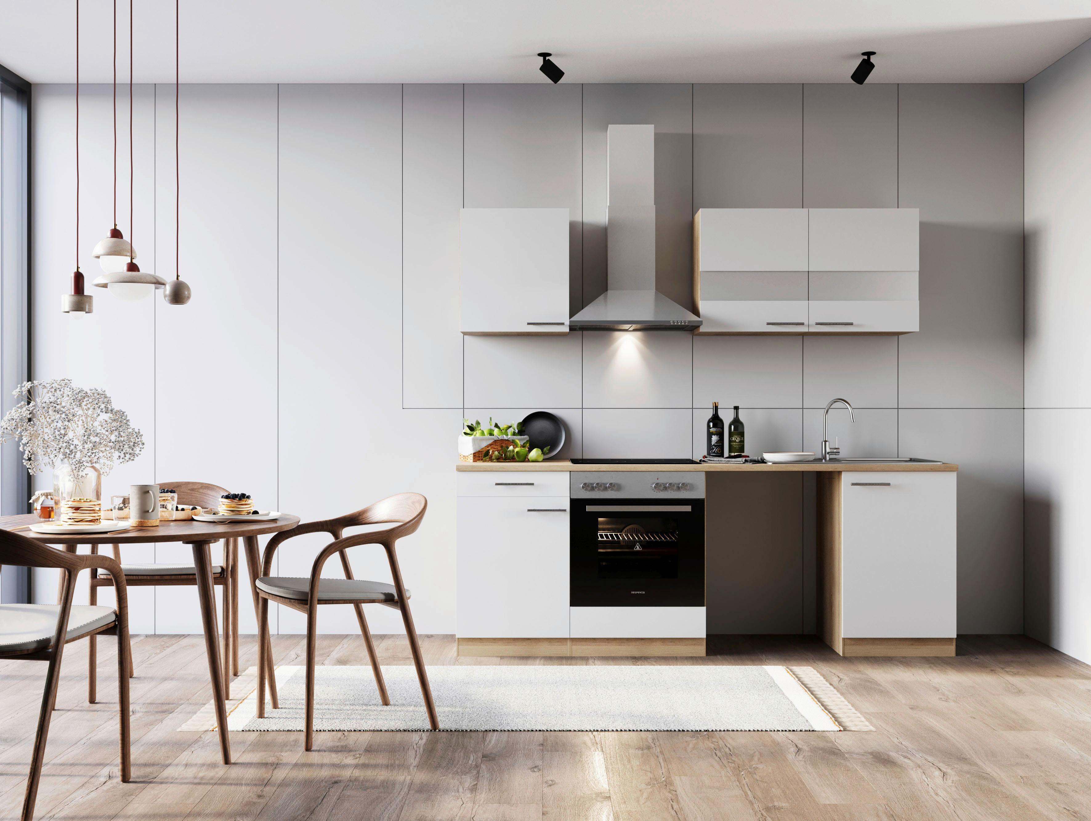 Küchenblock Merle m. Geräten Weiß - Edelstahlfarben/Eichefarben, Basics, Glas/Holzwerkstoff (220cm) - Respekta