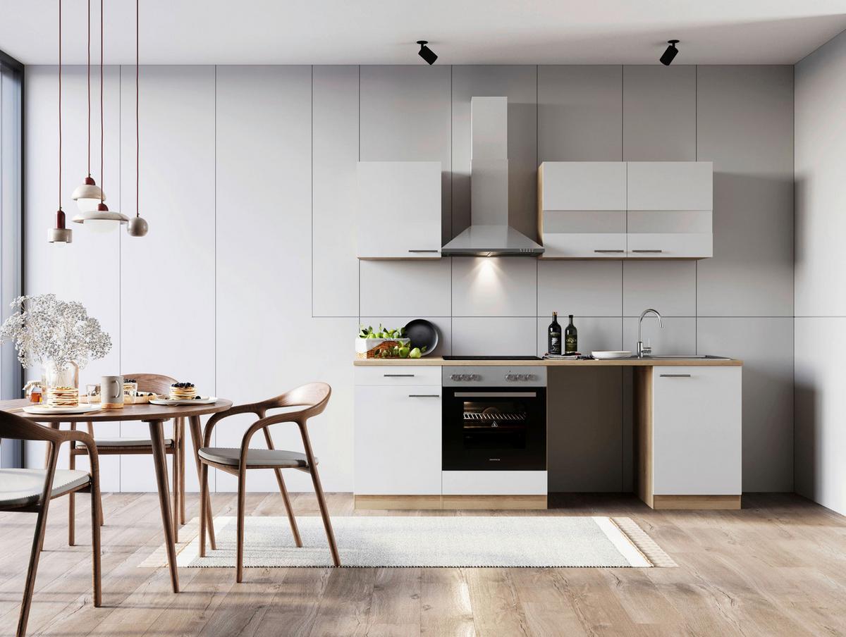 Küchenblock Merle m. Geräten Weiß - Edelstahlfarben/Eichefarben, Basics, Glas/Holzwerkstoff (220cm) - Respekta