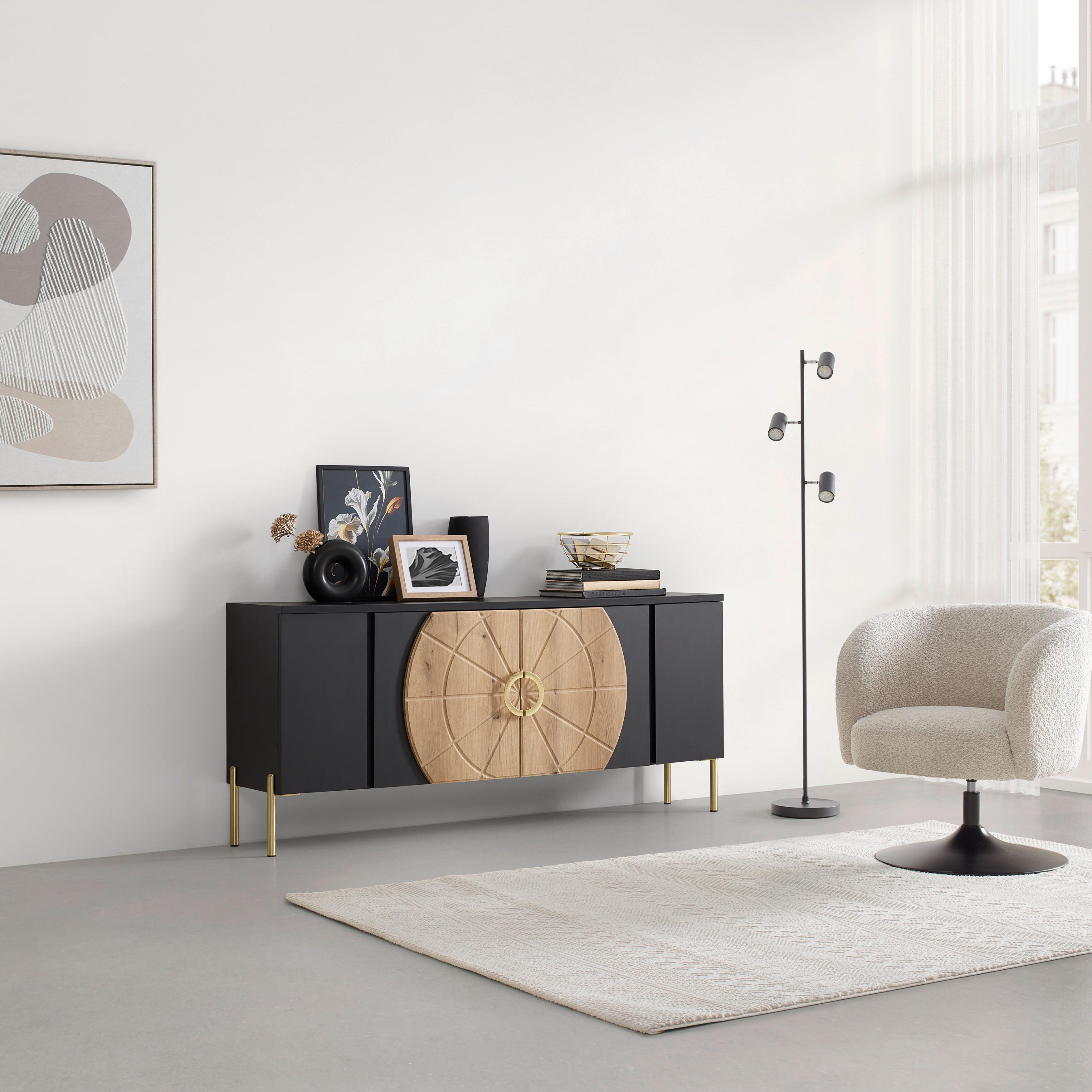 LOWBOARD HONG KONG -EXKLUSIV- - Zwart/Goudkleuren, Lifestyle, Houtcomposiet/Metaal (160/71,9/37,5cm) - Mömax