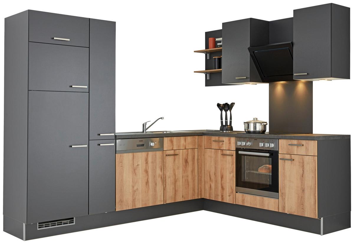 Eckküche inkl. 4 E-Geräte PN100/80 - Eichefarben/Dunkelgrau, MODERN, Holzwerkstoff (265/215cm) - Pino