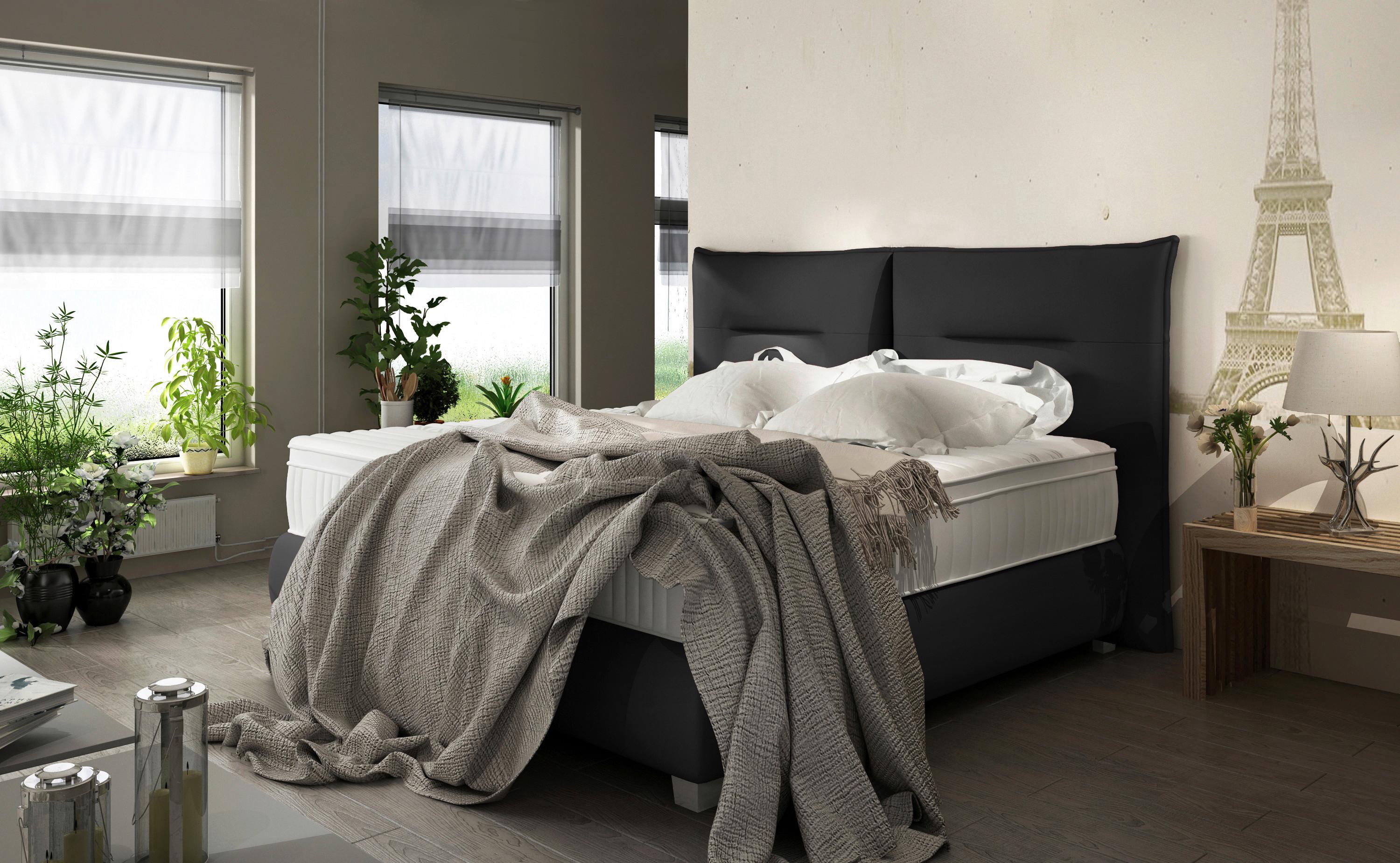 PAT BOXSPRING FOG - PIELE - negru, lemn/textil (180/200cm) - Premium Living