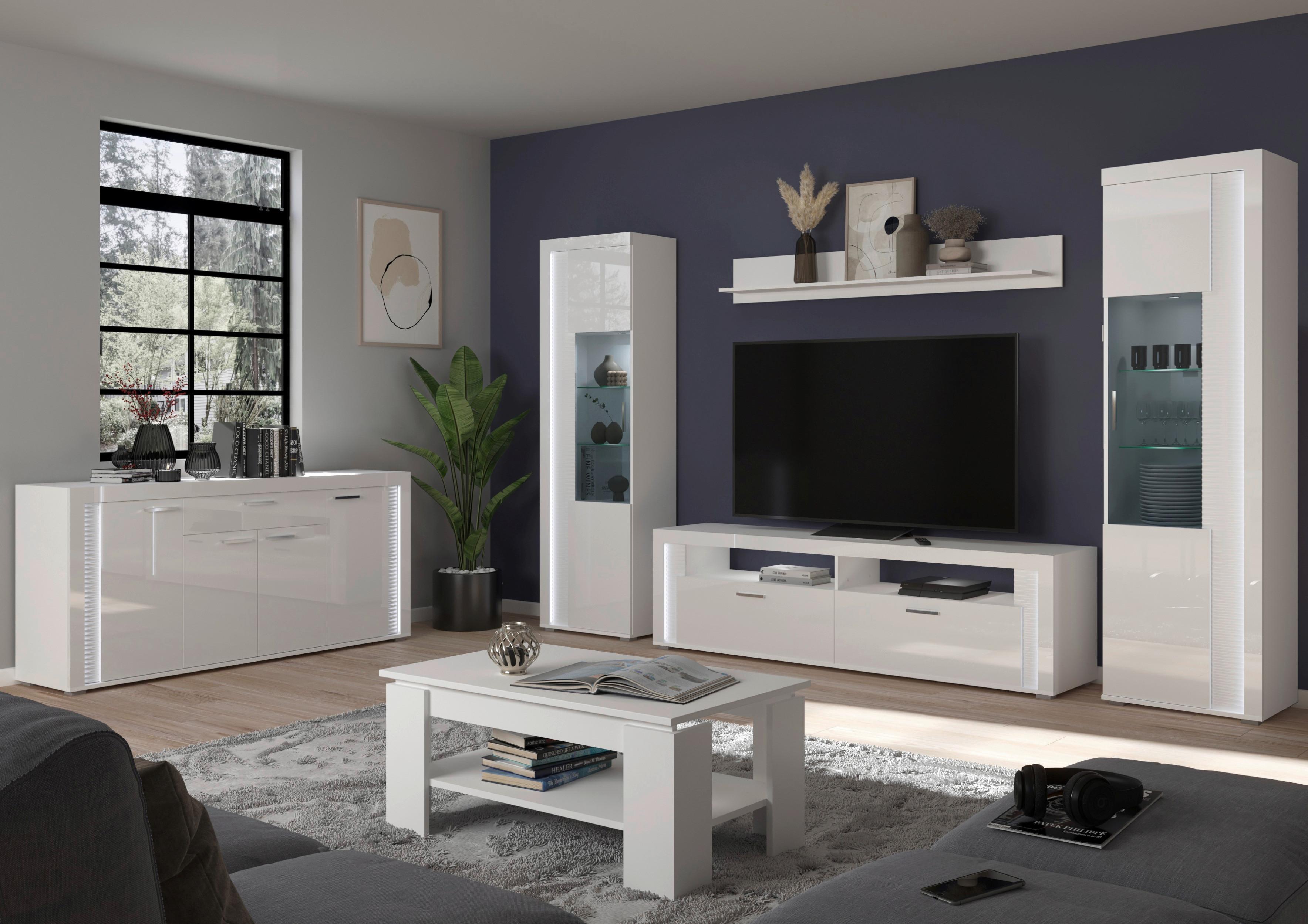 Ansamblu mobilier camera de zi SKYLIGHT - alb lucios intens, Design, material pe bază de lemn (351/202/46cm) - Modern Living