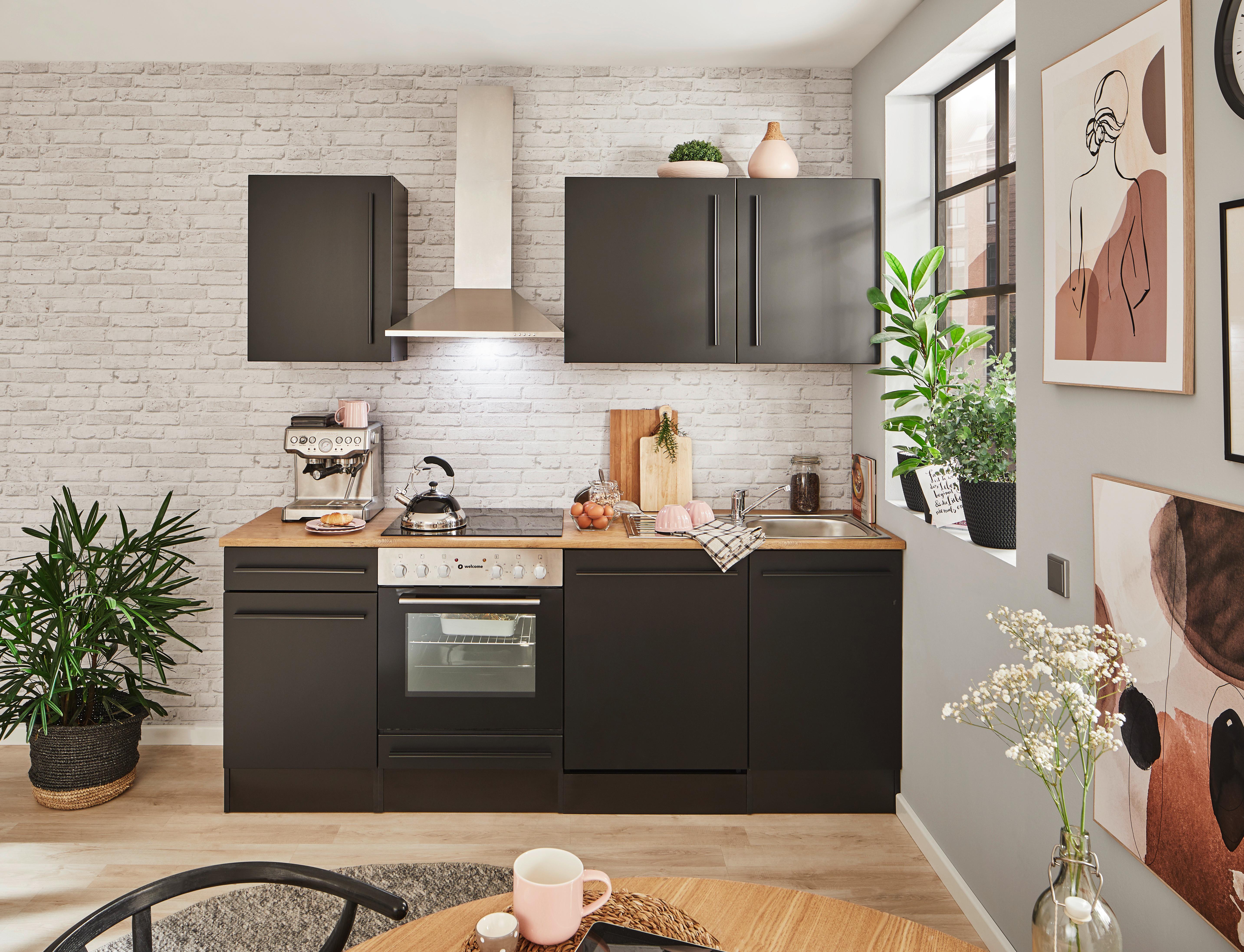 Küchenblock Jazz mit Geräten ca.220 cm Schwarz - Eichefarben/Schwarz, LIFESTYLE, Holzwerkstoff/Kunststoff (220/211/60cm) - P & B