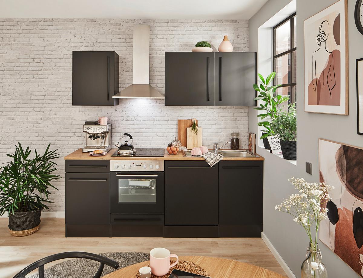 Küchenblock Jazz mit Geräten ca.220 cm Schwarz - Eichefarben/Schwarz, LIFESTYLE, Holzwerkstoff/Kunststoff (220/211/60cm) - P & B