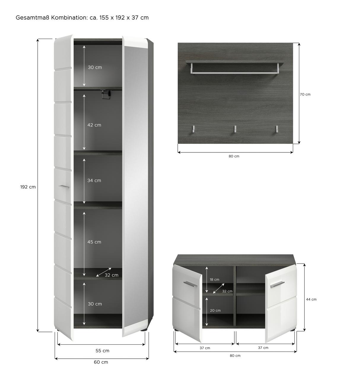 Garderobe Salsa 3-tlg. ca. 155x192x37 cm Weiß/Rauchs. - Weiß Hochglanz, Design, Holzwerkstoff (155/192/37cm) - MID.YOU
