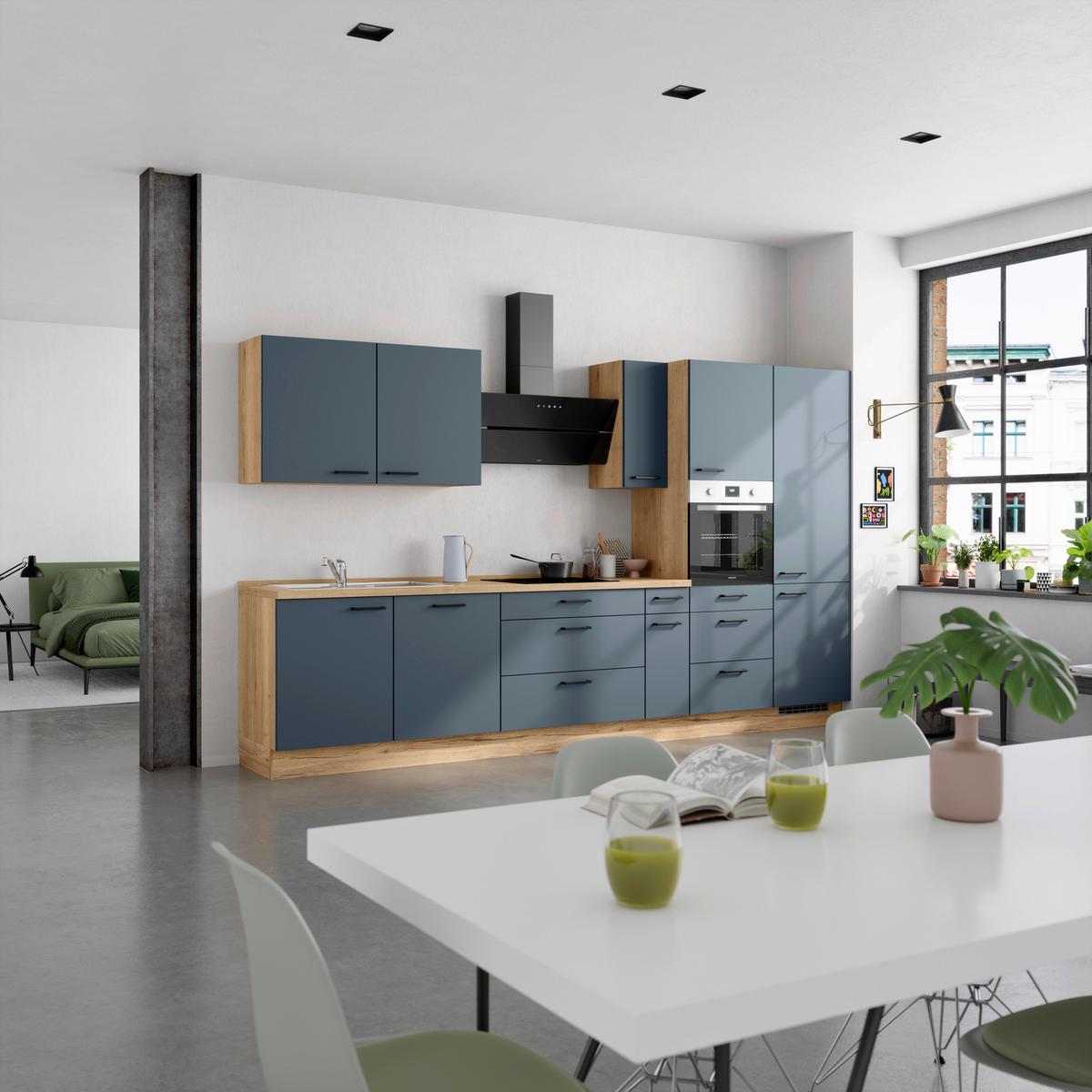 Küchenblock Easytouch High m. Geräten Dunkelblau - Eichefarben/Schwarz, MODERN, Holzwerkstoff/Metall (360cm) - Nobilia