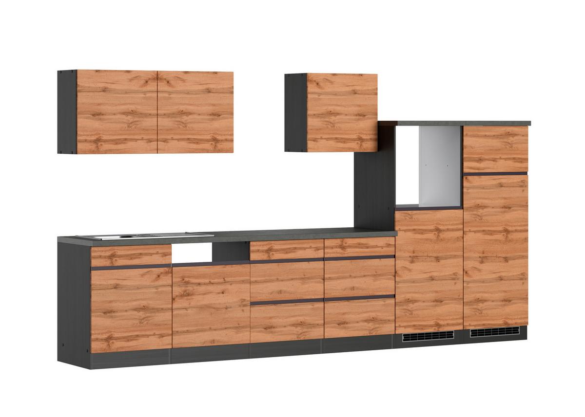 Küchenzeile Turin ohne Geräte ca. 360 cm Graphit/Eiche - Eiche Wotan/Graphitfarben, Design, Holzwerkstoff (360cm) - Held