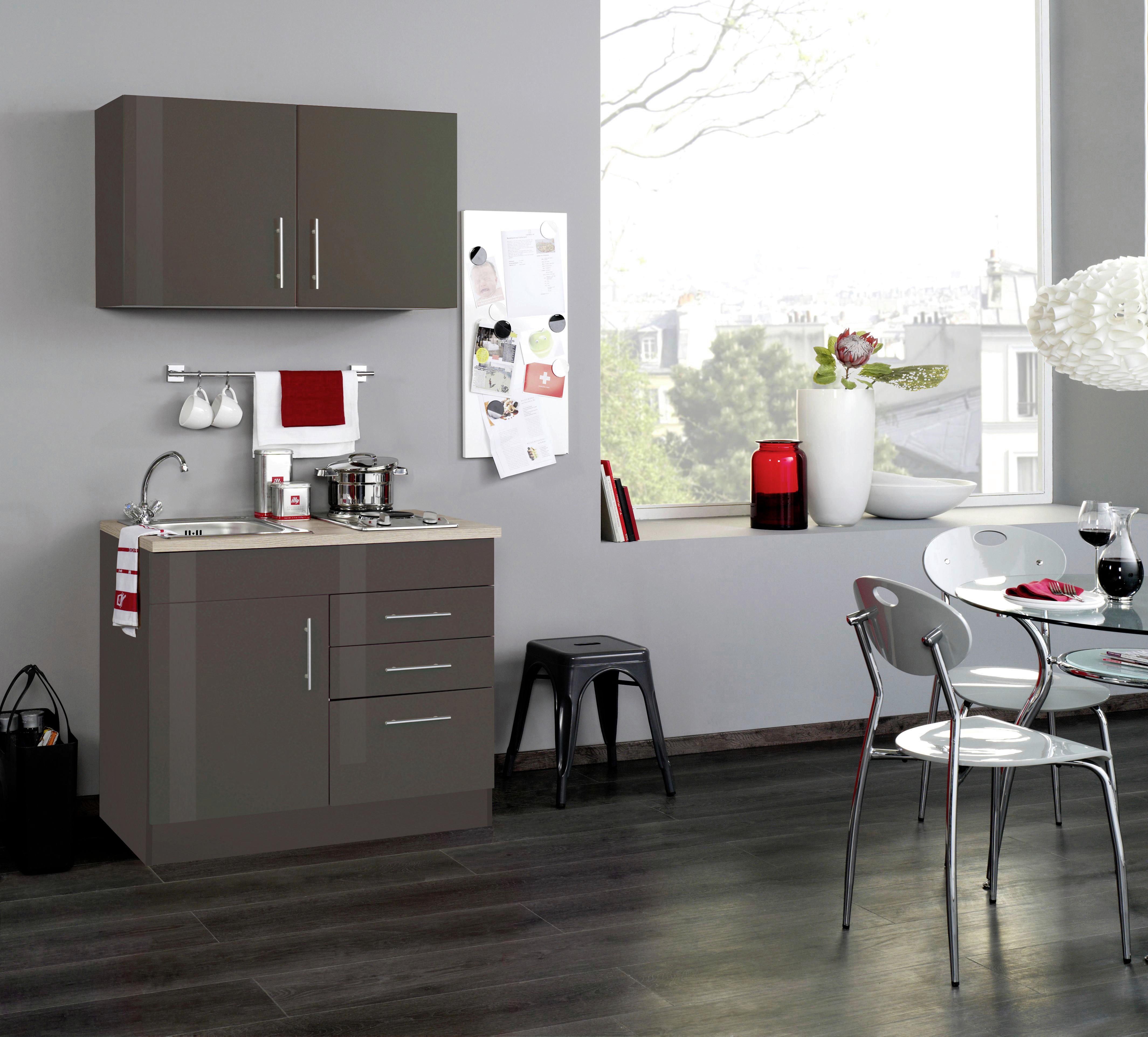 Miniküche Toronto B: ca. 100cm Graphitfarben/Grau - Chromfarben/Grau Hochglanz, MODERN, Holzwerkstoff/Metall (100cm) - Held