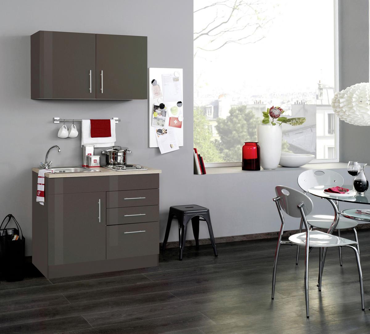 Miniküche Toronto B: ca. 100cm Grau/Graphit - Chromfarben/Grau Hochglanz, MODERN, Holzwerkstoff/Metall (100cm) - Held