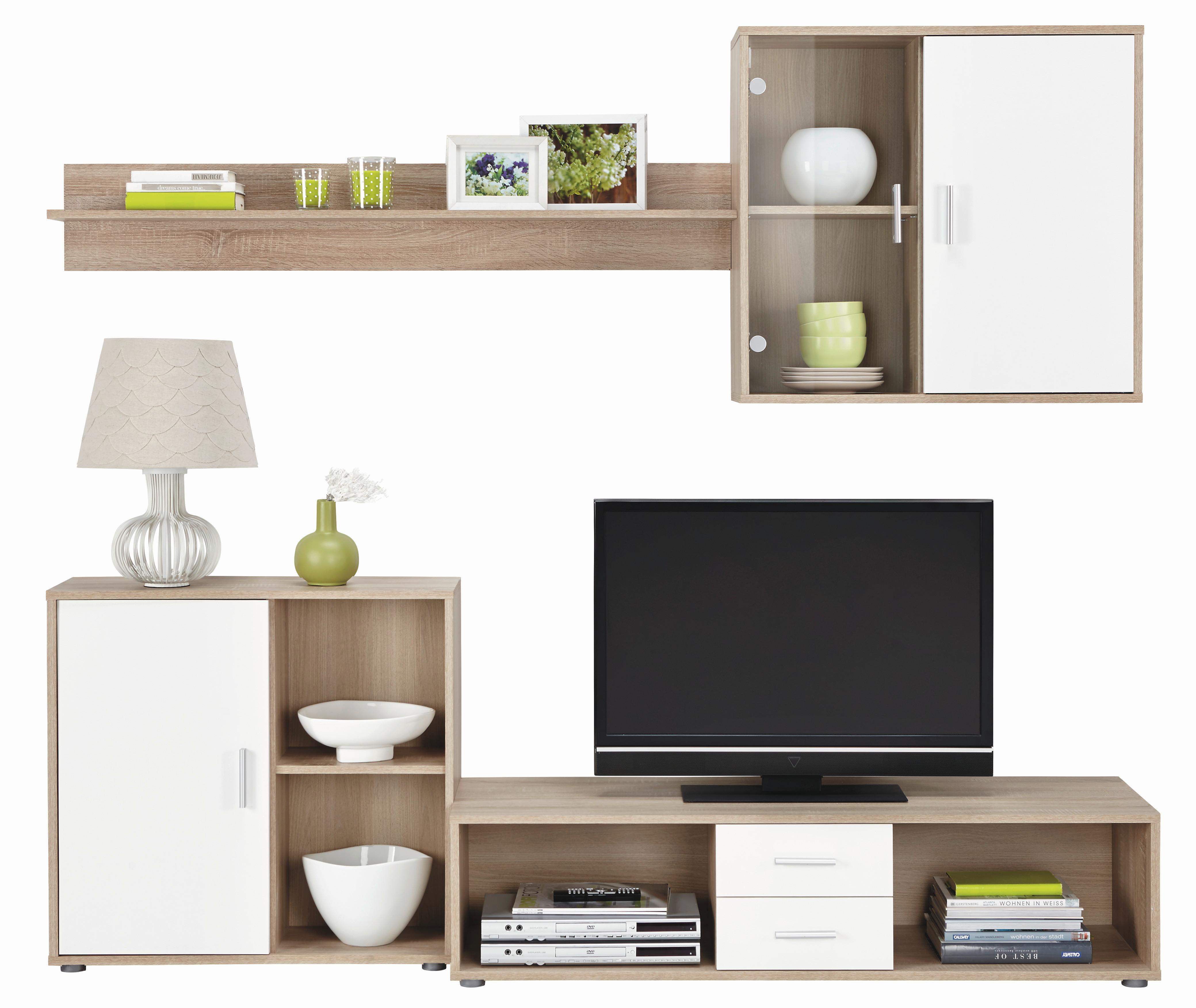 Wohnwand In Eichefarben - Weiss/Alufarben, Konventionell, Glas/Holz (218/190/42cm) - Based