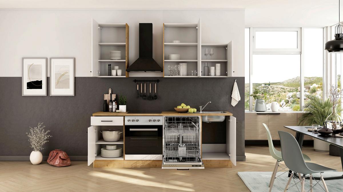 Küchenblock Avila m. Geräten Magnolie - Eichefarben/Magnolie, Trend, Holzwerkstoff/Metall (220cm) - FlexWell