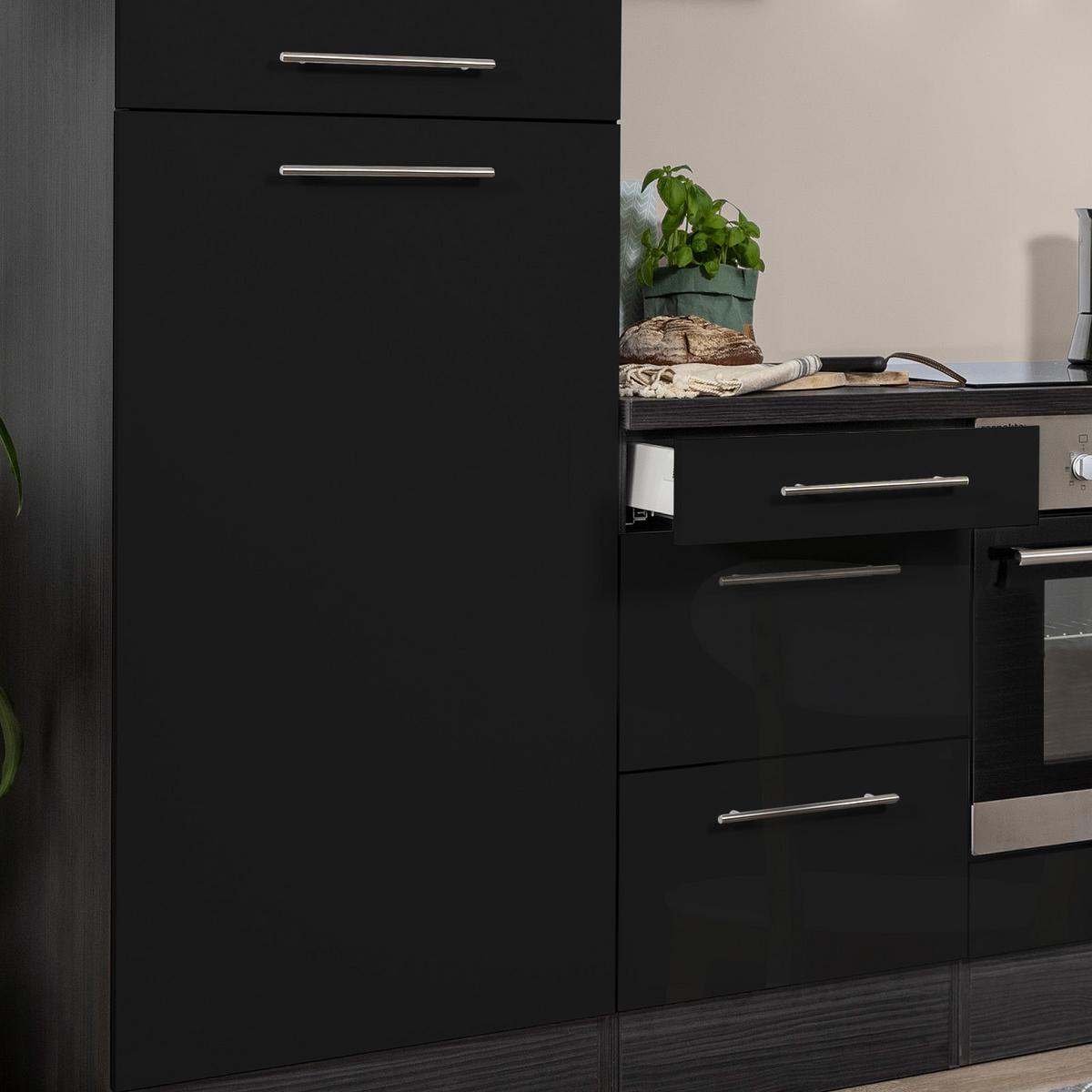 Küchenzeile mit Geräte Schwarz Hochglanz B: ca. 270 cm - Schwarz/Alufarben, KONVENTIONELL, Holzwerkstoff/Metall (270cm) - Respekta
