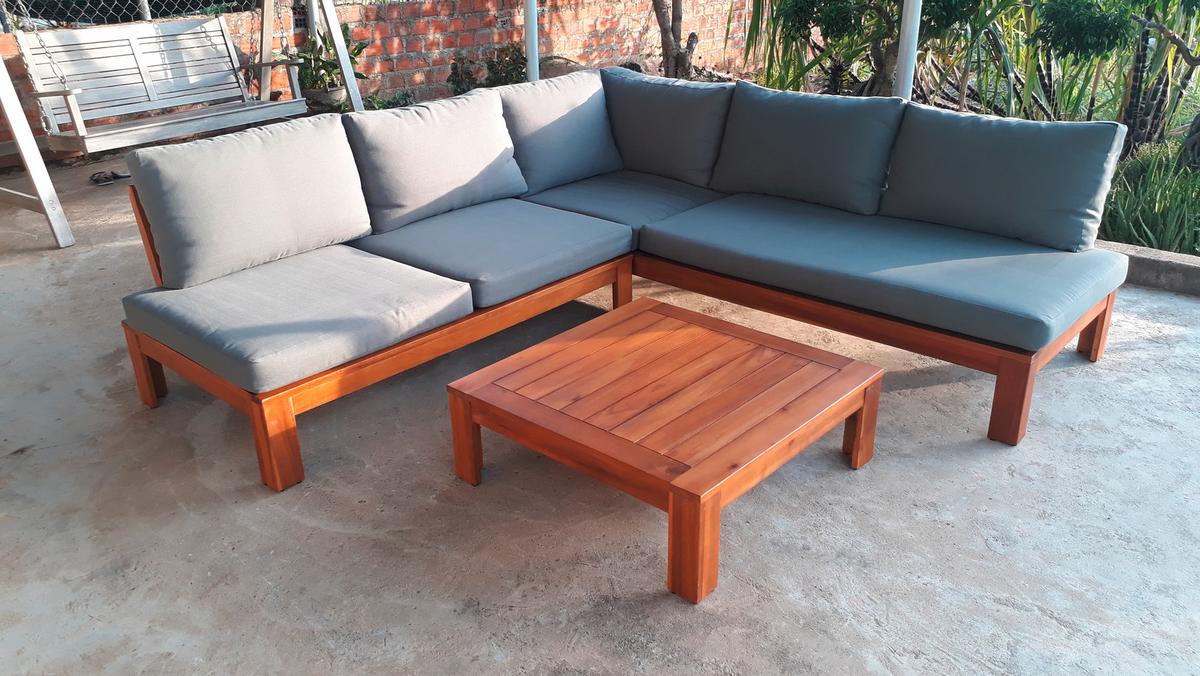 Loungegarnitur "Granada", Akazie massiv mit Kissen - Grau/Akaziefarben, Basics, Holz/Textil (221/65/85cm) - Acamp