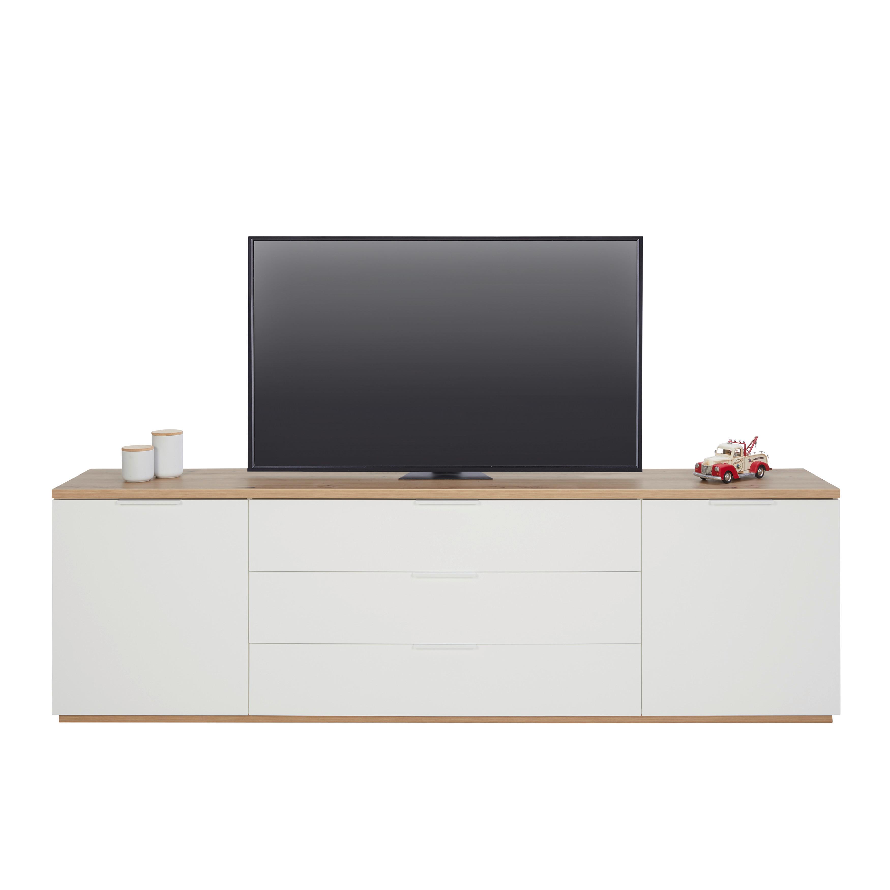 Tv-elem Wide - Magasfényű fehér/Artisan tölgy, modern, Faalapú anyag/Fém (240/75/40cm) - Modern Living