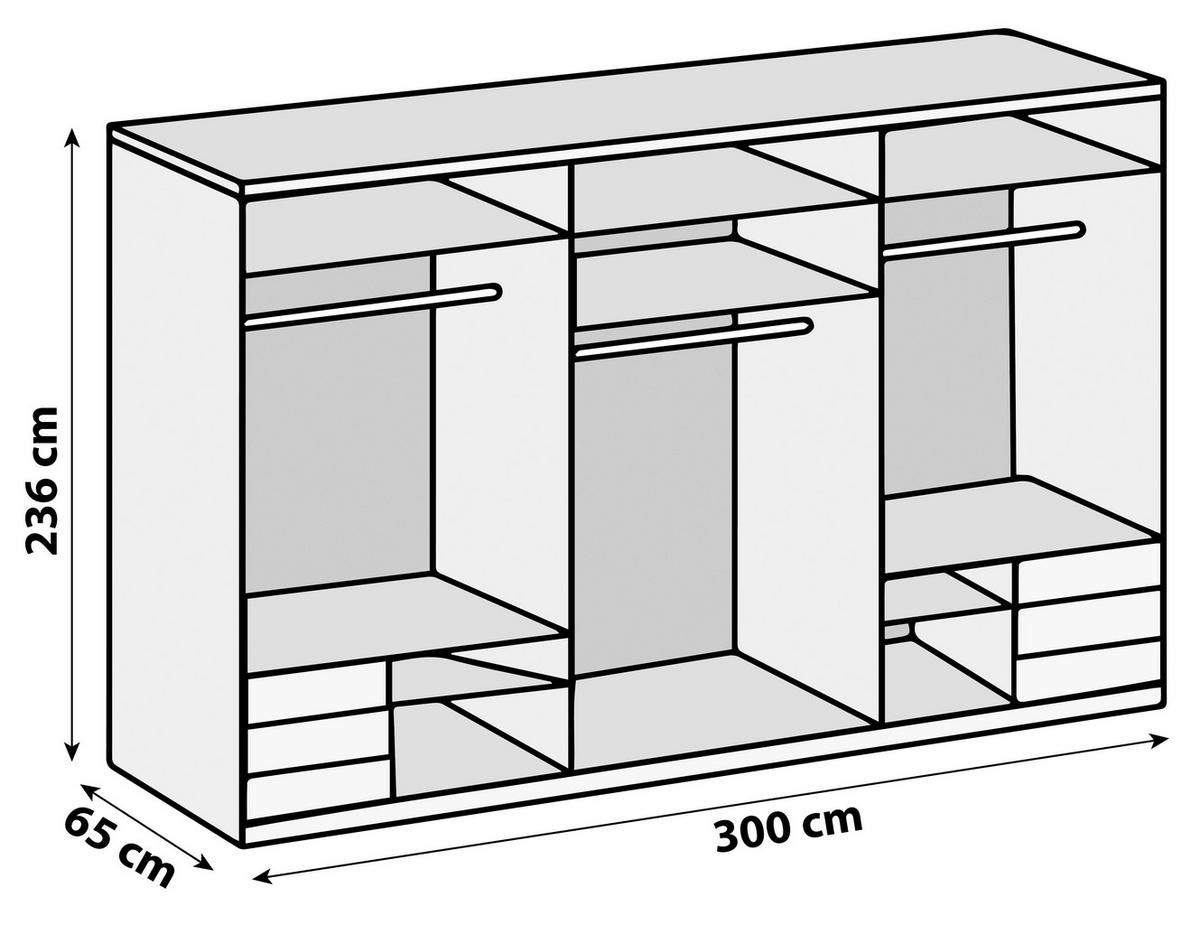 Schwebetürenschrank Level 36D ca. 300 cm Weiß/Eiche Dekor - Chromfarben/Weiß Hochglanz, MODERN, Holzwerkstoff/Metall (300/236/65cm) - MID.YOU